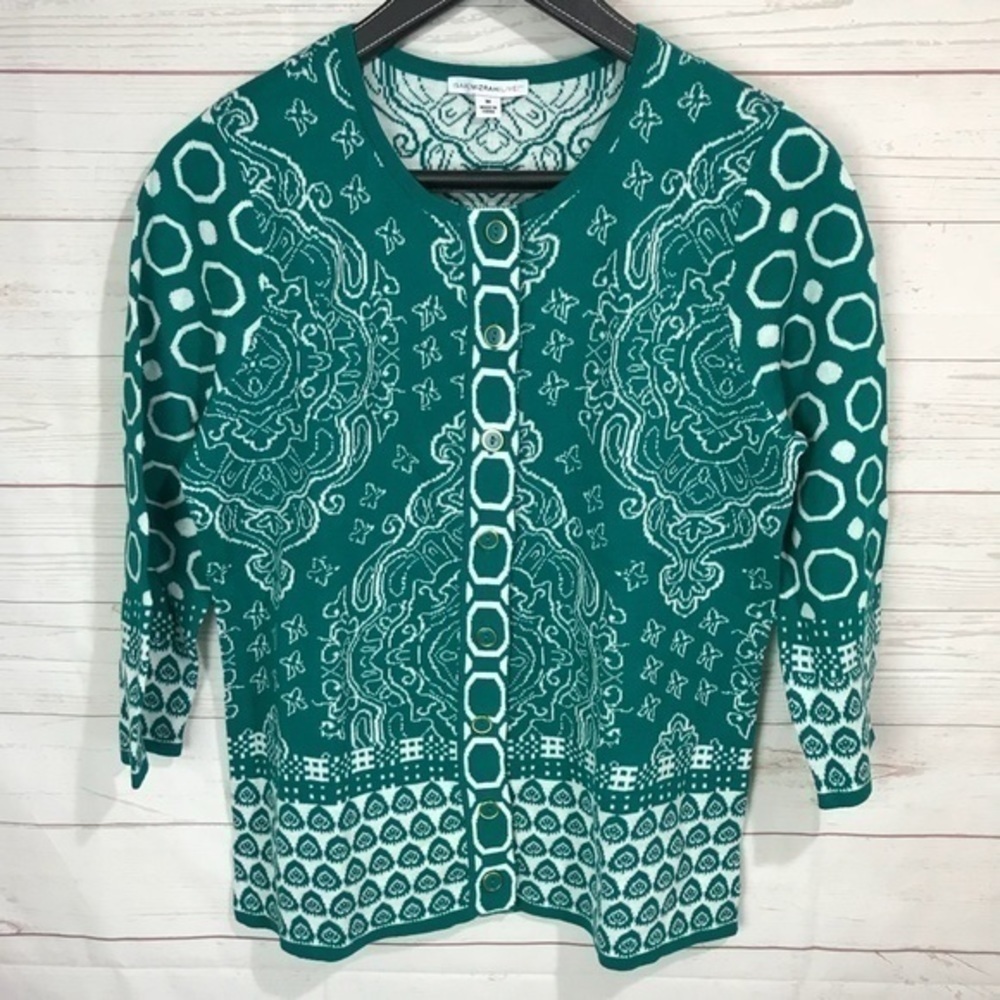 ISACC MIZRAHI LIVE ! Button Cardigan white teal M